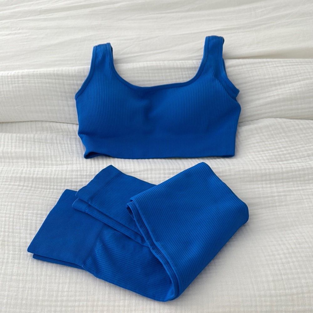 Bright Blue Ribbed Tank and Leggings Set